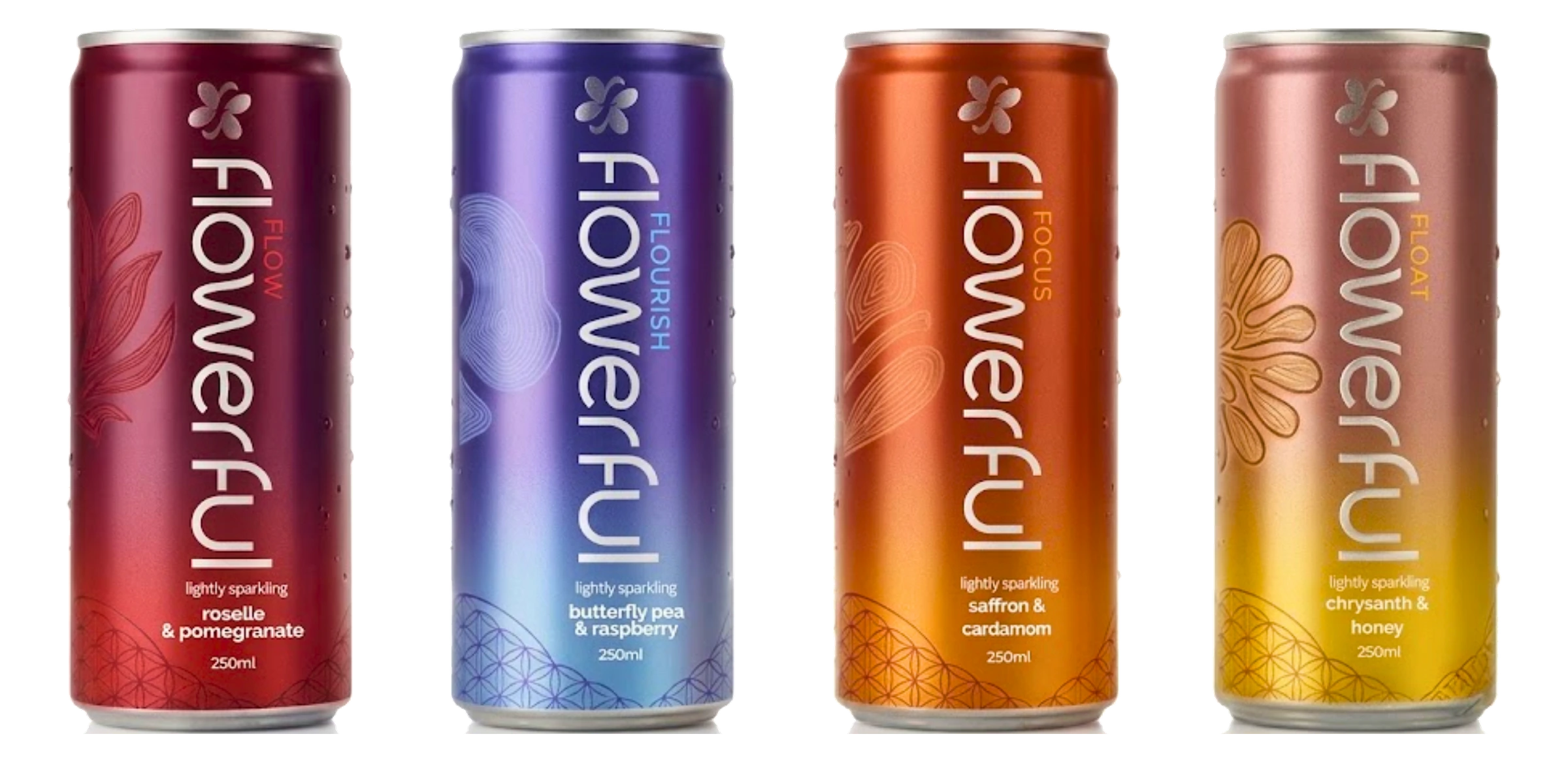 The full flowerful range: FLOW, FLOURISH, FOCUS and FLOAT cans on colour-blocked backgrounds